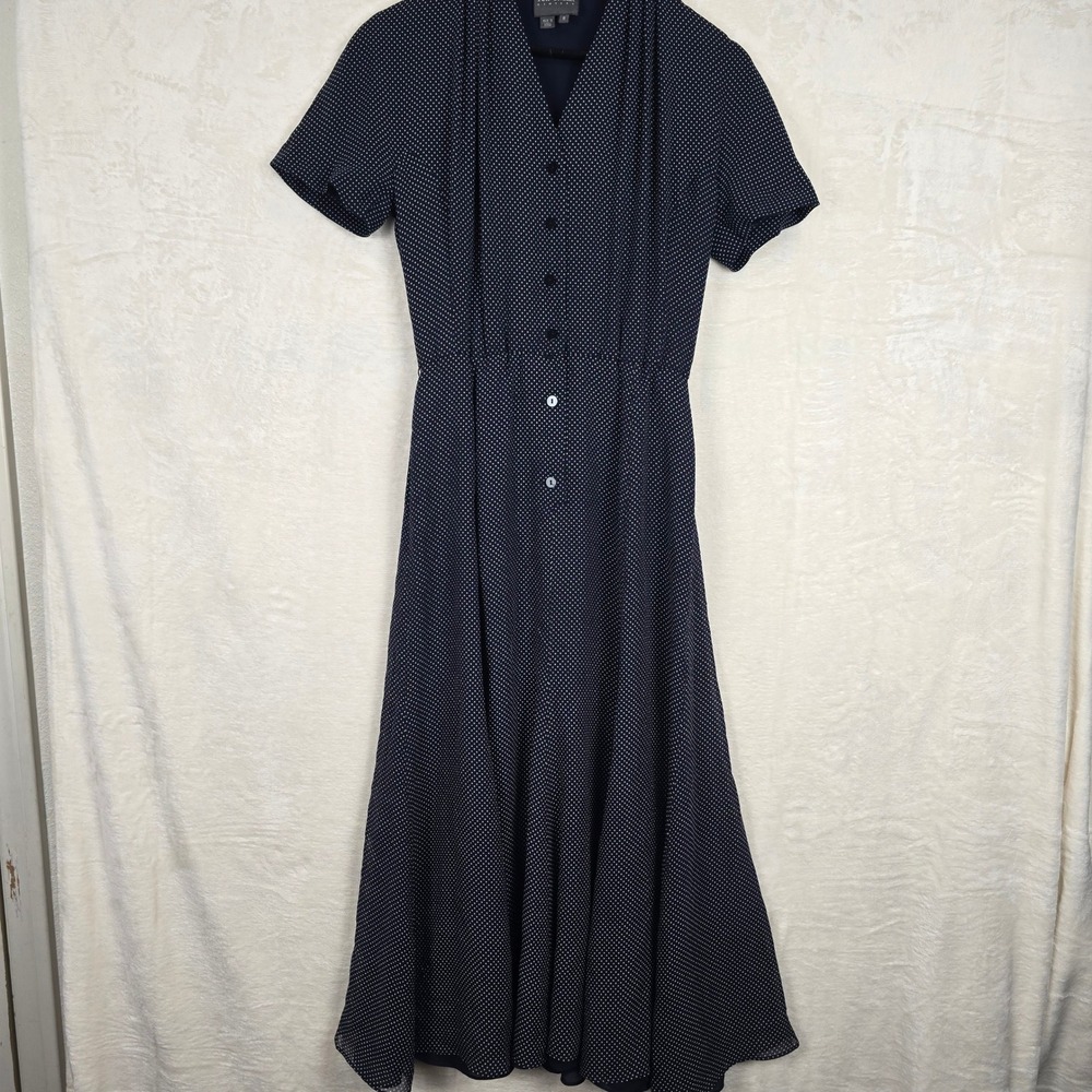 Kay Unger New York 100% Silk Polka Dot Midi Dress Navy Blue Size 8 Short‎ Sleeve